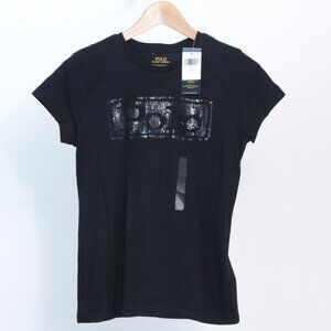 NWT Polo Ralph Lauren Gold Sequin POLO Logo Womens Black Cotton T-Shirt, S